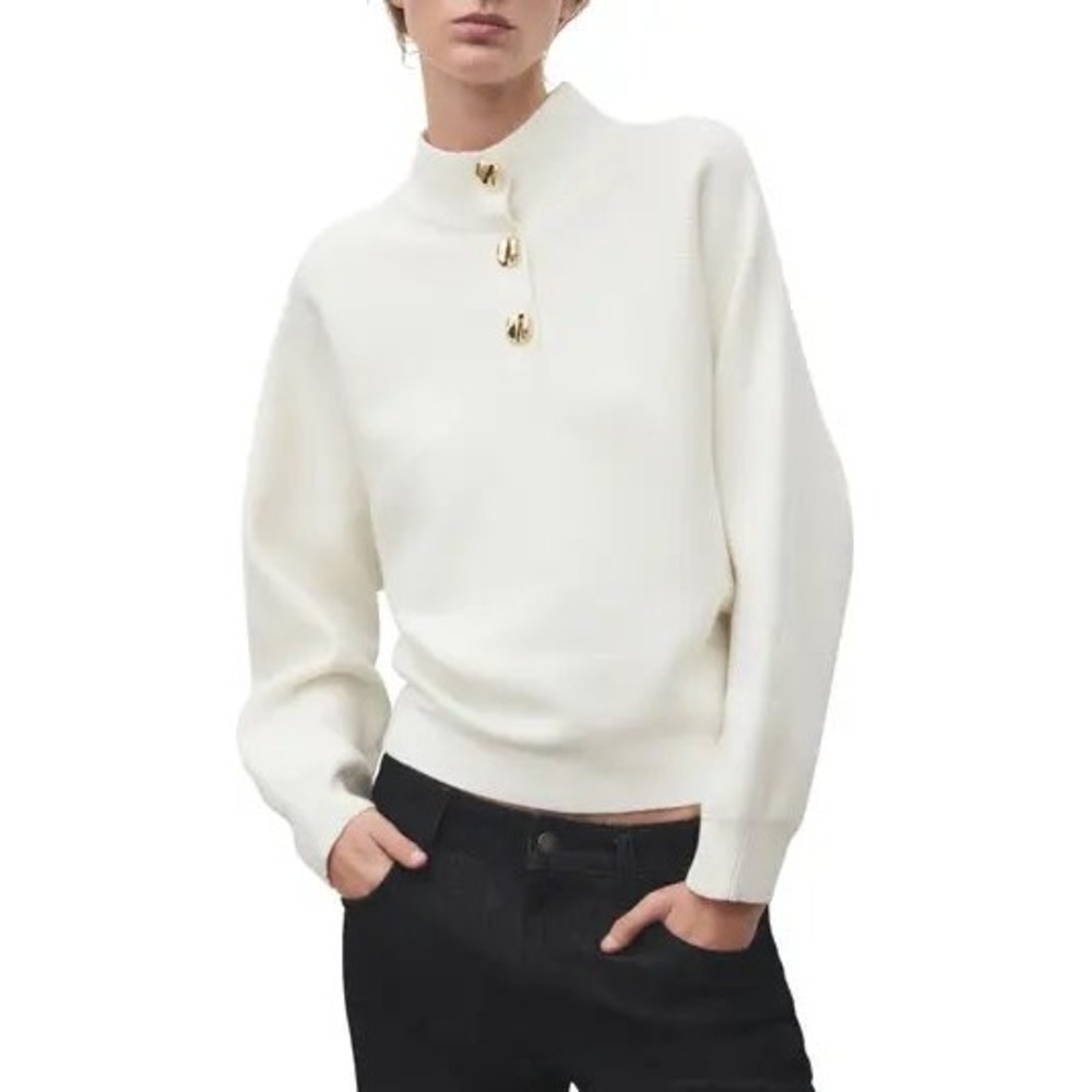 Mango Jersey 210 Uptown Gold Button Mock Neck Ribbed Sweater Off-White XS NEW